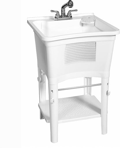 Zenna Home Utility Sink Laundry Tub with Pull-Out Faucet, All-in-One Freestanding Utility Tub for Laundry Room, Basement, Garage, Outdoor Kitchen, 24" L x 24" W x 36.75" H, White