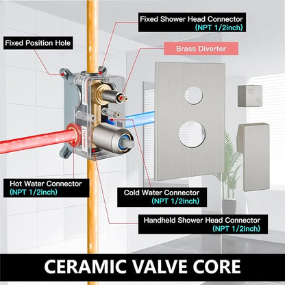 Midanya Shower Faucet Set,Wall Mount Shower System with Square Rain Shower Head and Hand Sprayer, Rough-in Valve Body and Trim Kit Included,8 Inch,Brushed Nickel