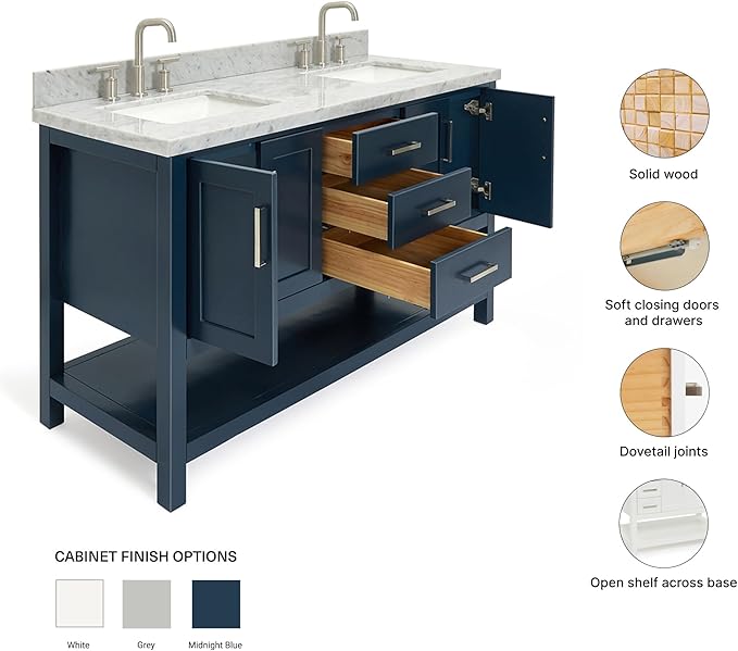 ARIEL Magnolia 60-inch Bathroom Vanity with Sink,Solid Wood, 1.5-inch Italian Carrara Marble Countertop, Double Rectangular Porcelain Sink, 4 Soft Closing Doors, 3 Dovetail Drawers, Midnight Blue