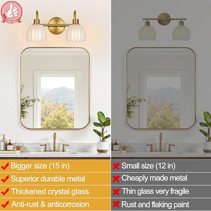 2-Light Bathroom Vanity Light, Brushed Gold Bathroom Light Fixtures with Ribbed Frosted Clear Tulip Glass Shades, Vanity Light Fixtures Over Mirror for Bedroom, Living Room, Hallway