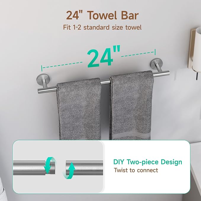 4PCS Brushed Nickel Bathroom Accessories Set, 24-Inch Towel Bar Set | Durable SUS304 Stainless Steel Bathroom Hardware Set, Towel Racks for Bathroom Wall Mounted, Modern Home Decor