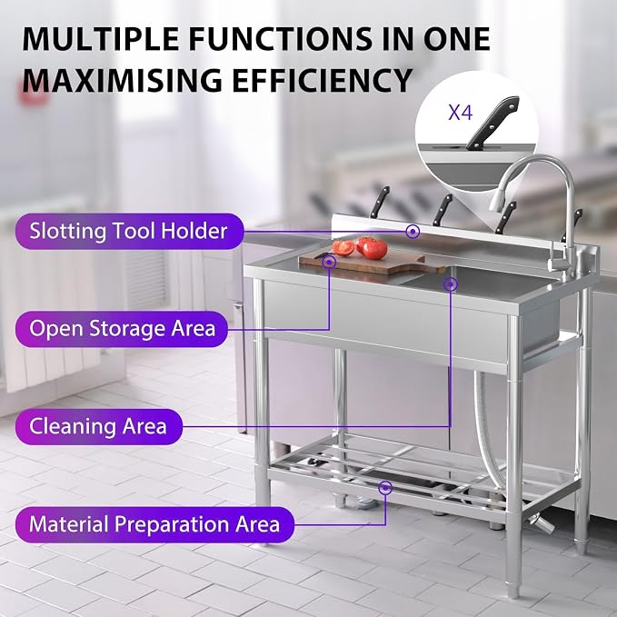 Garvee Stainless Steel Utility Sink, Commercial Kitchen Single Bowl Sink with Cold and Hot Water Faucet, Hoses and Drain Kit, Storage Shelf for Kitchens, Bathrooms, Garage, Laundry Room
