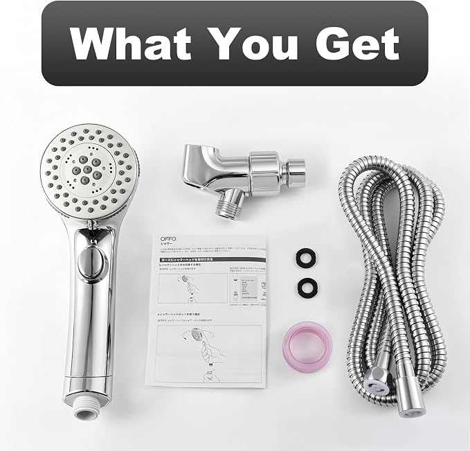 OFFO 5 Mode Handheld Shower Head with On Off Switch for Water Saving, High Flow Powerful Boosting Showerheads with 60" Stainless Steel Hose & Holder, Chrome