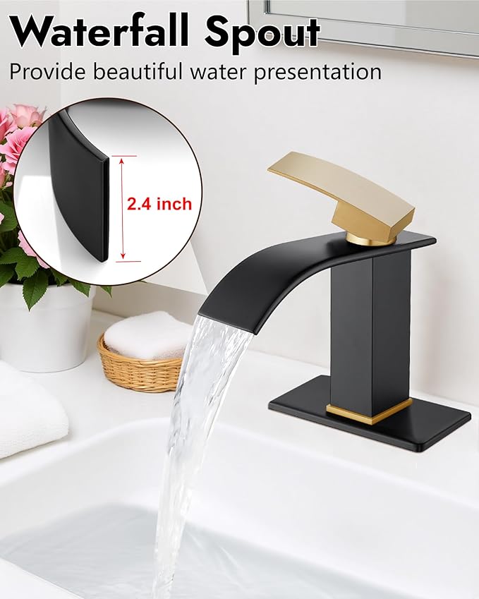 Midanya Bathroom Faucet with Waterfall Spout, Single Hole or 3-Hole Deck Mount, 304 Stainless Steel Sink Faucet with Pop-Up Drain, RV Vanity Compatible,Brushed Gold Handle/Matte Black