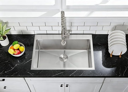 VCCUCINE 28x18 Inch Drop in Kitchen Sink 16 Gauge Top Mount Handmade T304 Brushed Nickel Kitchen Sink,Stainless Steel Single Bowl Workstation Topmount Overmount Sink with Strainer