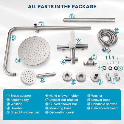 gotonovo Outdoor Shower 304 Stainless Steel, Brushed Nickel, Single Handle | Rain 8 Inch Outdoor Shower Head with Handheld Kit Fixtures System Faucet Set with Valve Wall Mount for Seaside Backyard Pool