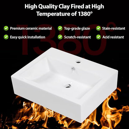 Rectangle Wall Mounted Bathroom Sink 22"x18" | Porcelain Floating Bathroom Sink Wall Hung White Ceramic Vanity Sink for Restroom, Toilet, Lavatory Room