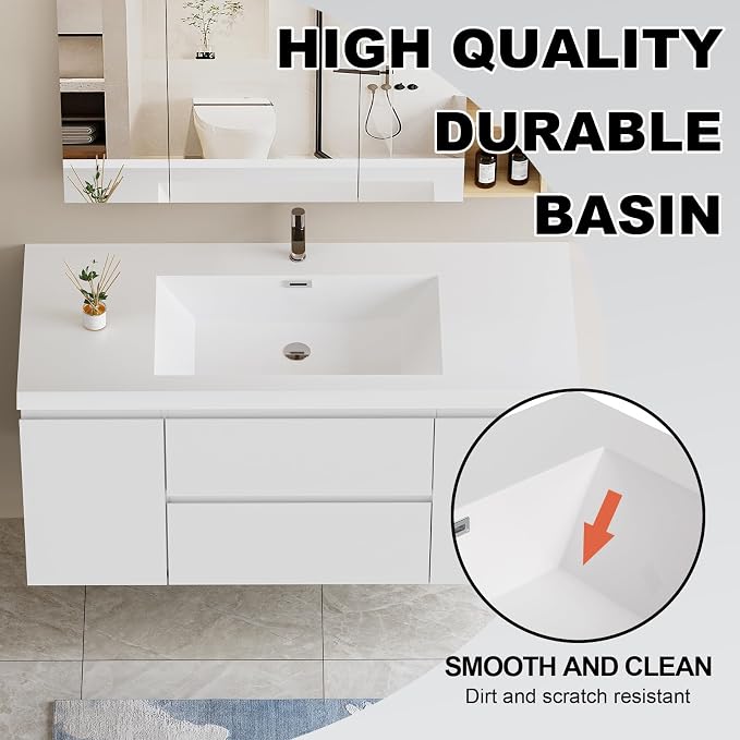Pre-Assembled 48'' Wall Mounted Bathroom Vanity with Sink, Glossy White | Floating Bathroom Vanity with Single Sink, 2 Soft-Close Doors and 2 Drawers, Resin Integrated Sink, Easy to Install & Clean