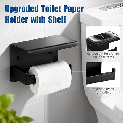 Matte Black Bathroom Hardware Set 6-Piece, Stainless Steel Black Bathroom Accessories, 16" Towel Bar, Toilet Paper Holder with Shelf, 2 Towel Rings & 2 Heavy-Duty Hooks, Wall Mounted for Bathroom