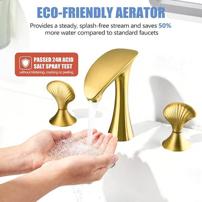 Brushed Gold Bathroom Faucet 3 Hole, 8 Inch Widespread Bathroom Sink Faucet for Vanity, 2 Handle Bathroom Faucets, Bathroom Vanity Faucet with Pop-Up Drain and Supply Hoses