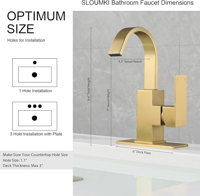 Brushed Gold Bathroom Faucet Waterfall Faucet for Bathroom Vanity with 360 Degree Swivel Spout, Single Hole Bar Sink Faucet with Hose and 6 "Deck Plate,SL5004BG
