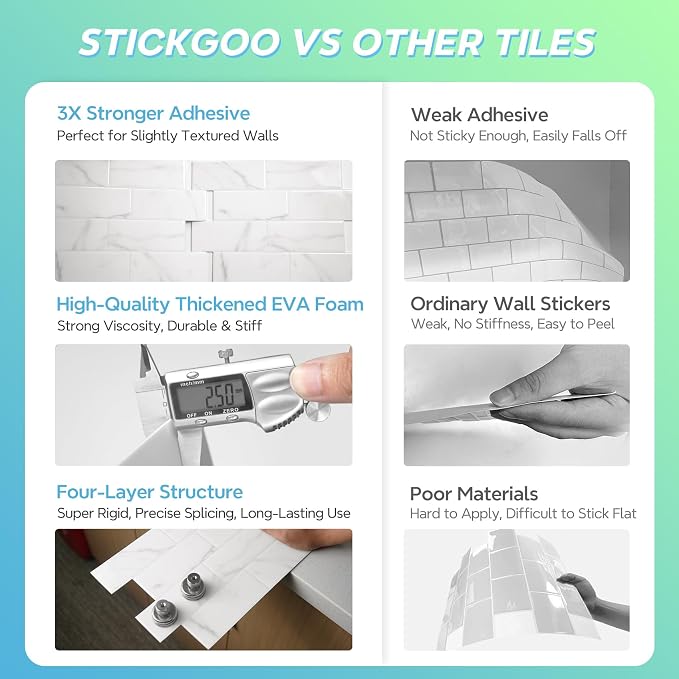 STICKGOO 10-Sheet Subway Peel and Stick Backsplash Tiles Carrara White | Waterproof 3D PVC wall tiles with strong adhesive, extra thick for kitchen backsplash and bathroom walls
