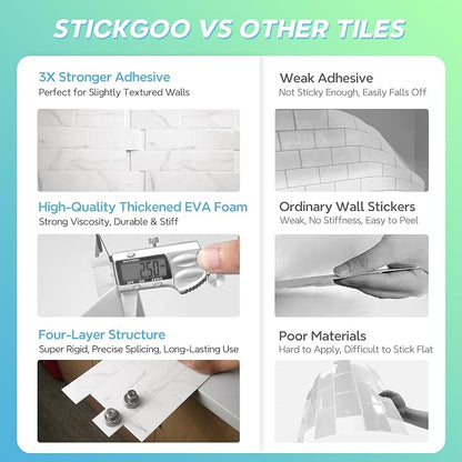 STICKGOO 10-Sheet Subway Peel and Stick Backsplash Tiles Carrara White | Waterproof 3D PVC wall tiles with strong adhesive, extra thick for kitchen backsplash and bathroom walls