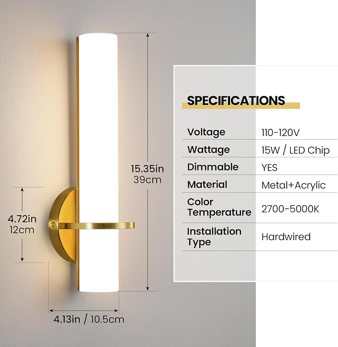 15-inch Gold Bathroom Wall Sconces Set of 2 Modern Sconces Wall Lighting 5CCT LED Dimmable Wall Light Brushed Gold Sconces for Bedroom Living Room Hallway (Hardwired)
