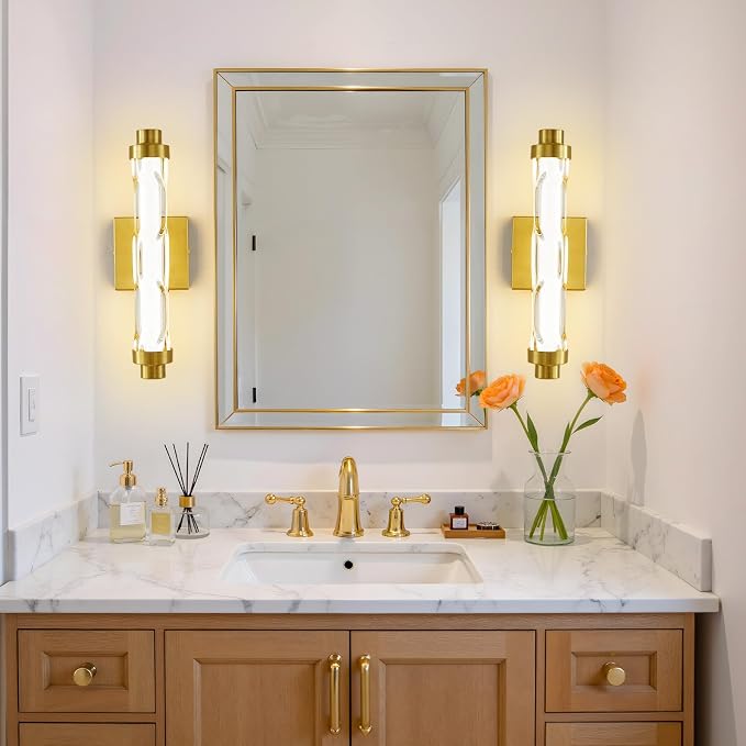 15.4" Gold Wall Sconces Set of 2, Modern Bathroom Sconces Wall Lighting with Ripple Glass Shade, 5CCT Dimmable LED Vanity Light 14W for Mirror, Bedroom, Hallway, Entryway