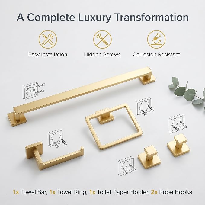 Nevado 5-Piece Wall Mounted Bathroom Hardware Set | Towel Bar, Toilet Paper Holder, Towel Ring & Robe Hook, Brushed Gold Bathroom Accessories, 23.6‑Inch Towel Bar