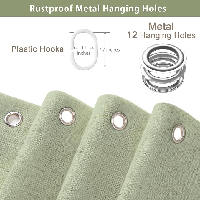 Scalloped Shower Curtain Linen Boho Flax Green 72" W x 84" L | Linen Fabric, Black Border, Washable, Heavy Duty Cloth, Shower Curtain for Boho Farmhouse Bathroom Bathtub