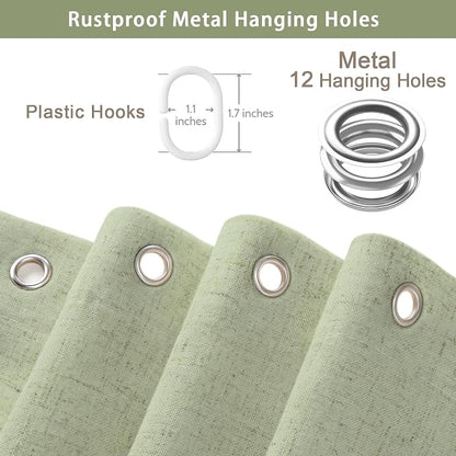Scalloped Shower Curtain Linen Boho Flax Green 72" W x 84" L | Linen Fabric, Black Border, Washable, Heavy Duty Cloth, Shower Curtain for Boho Farmhouse Bathroom Bathtub