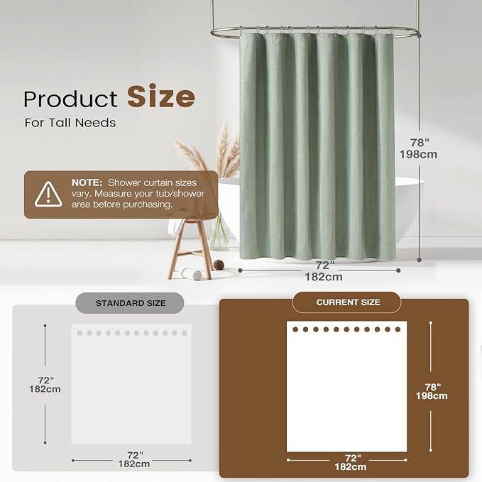 BTTN 72x78 Long 3 in 1 Linen Texture Shower Curtain with Liner, Sage Green | Tall Size, 230GSM Heavy Duty Polyester, Waterproof Clear Liner, Weighted Hem, 12 Plastic Hooks, Hotel Style, Machine Washable