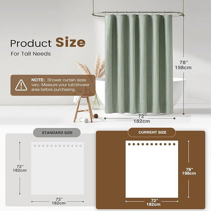 BTTN 72x78 Long 3 in 1 Linen Texture Shower Curtain with Liner, Sage Green | Tall Size, 230GSM Heavy Duty Polyester, Waterproof Clear Liner, Weighted Hem, 12 Plastic Hooks, Hotel Style, Machine Washable