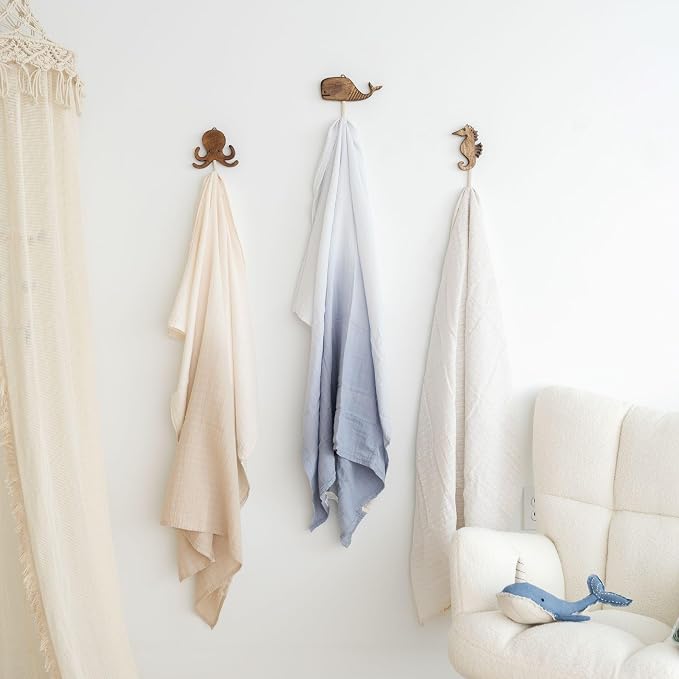 Crane Baby Sea Life Wooden Wall Hooks - Set of 4 Wooden Ocean Nursery Decor Towel Hooks, Brown