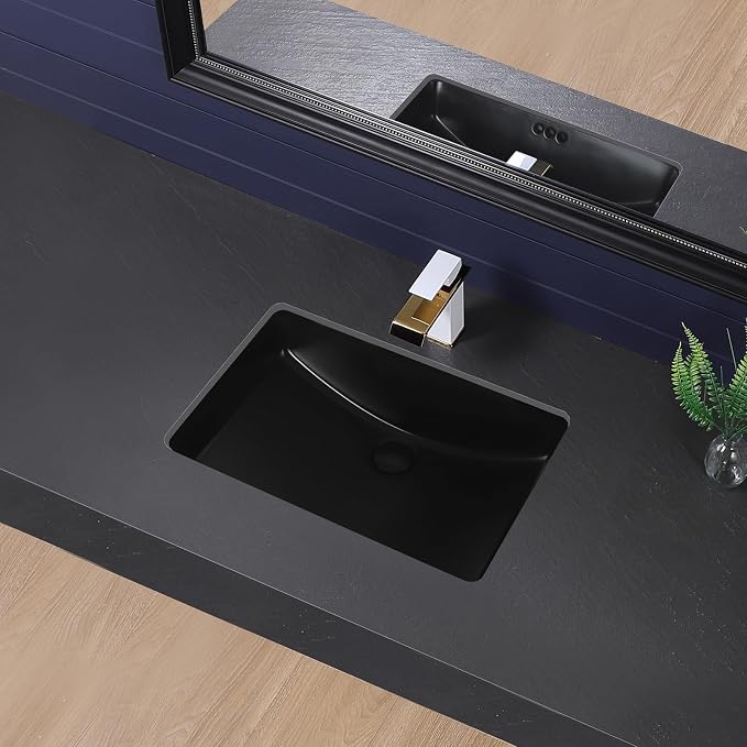 Black Undermount Bathroom Sink 23.8x16.3 Inch Bathroom Sink Matte Black Bathroom Under Counter Lavatory Vanity Sink Basin Rectangular Porcelain Ceramic Undermount Sinks with Overflow