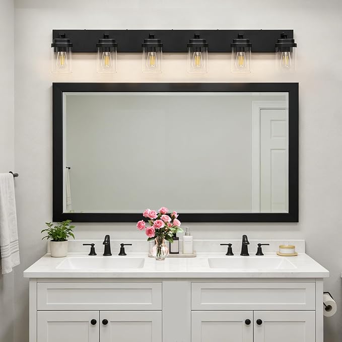 Black Bathroom Light Fixtures, 6 Lights Bathroom Lighting Fixtures Over Mirror, Square Design & Rectangle Large Backplate, Modern Vanity Lighting Fixtures, for Bathroom/Living Room/Bedroom