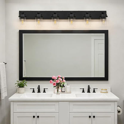 Black Bathroom Light Fixtures, 6 Lights Bathroom Lighting Fixtures Over Mirror, Square Design & Rectangle Large Backplate, Modern Vanity Lighting Fixtures, for Bathroom/Living Room/Bedroom