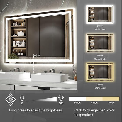 LED Bathroom Mirror, 48x32 Inch Gradient Front and Backlight Lighted Vanity Mirror, 3 Colors Dimmable CRI>90 Double Lights, IP54 Enhanced Anti-Fog, Hanging Plate Wall Mount LED Light Mirror