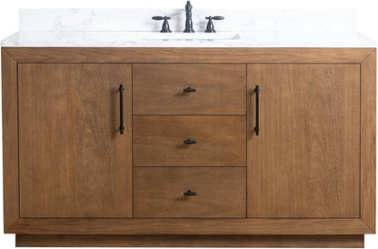 Vanity Art 60" Bathroom Vanity with Sink, Solid Poplar Wood Vanity Cabinet with Doors and Shelf, Modern Bathroom Vanity with White Marble Top, 3 Functioning Drawers,VA70-60-ST-E