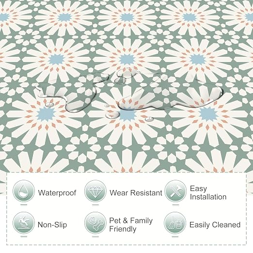 MORCART 40PCS 7.87" x 7.87" Peel and Stick Floor Tile, DIY Vinyl Flooring | Green and White Floral Look, Self-Adhesive, Removable and Waterproof Tile Sticker for Bathroom, Kitchen, Wall, Stairs