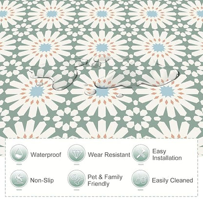 MORCART 20PCS 7.87" x 7.87" Peel and Stick Floor Tile, DIY Vinyl Flooring | Green and White Floral Look, Self-Adhesive, Removable and Waterproof Tile Sticker for Bathroom, Kitchen, Wall, Stairs