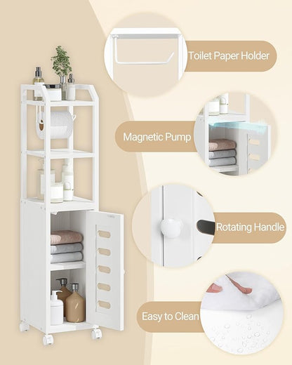 Bathroom Storage Cabinet - Toilet Paper Storage Cabinet, Small Toilet Paper Holder with 4 Wheels, Bathroom Organizer with Adjustable Shelf, for Small Spaces, White BC04613W