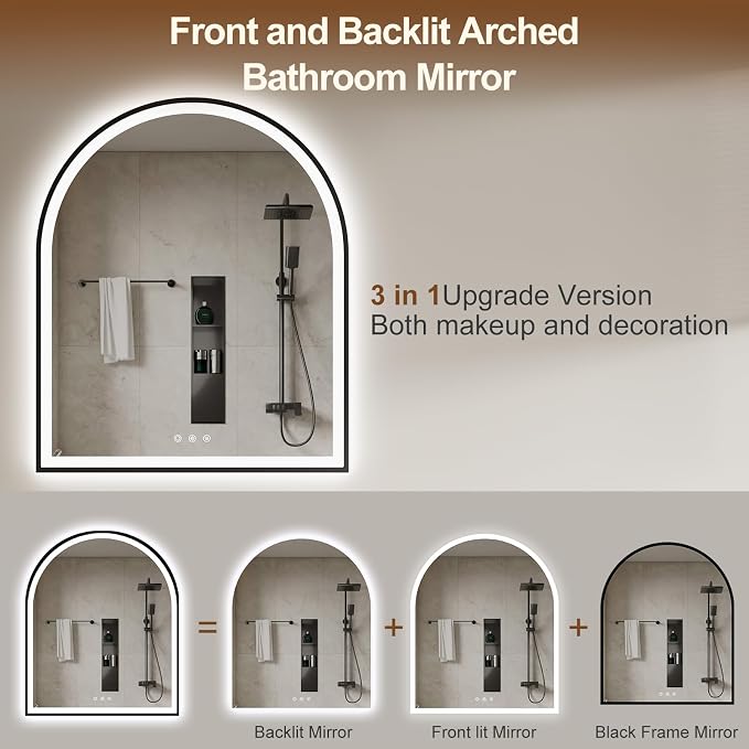 30.1"x36.1" Arched LED Lighted Bathroom Mirror with Lights | Black Aluminum Frame, Fogless, Dimmable, Shatterproof, Touch Sensor, 3 Color Changing