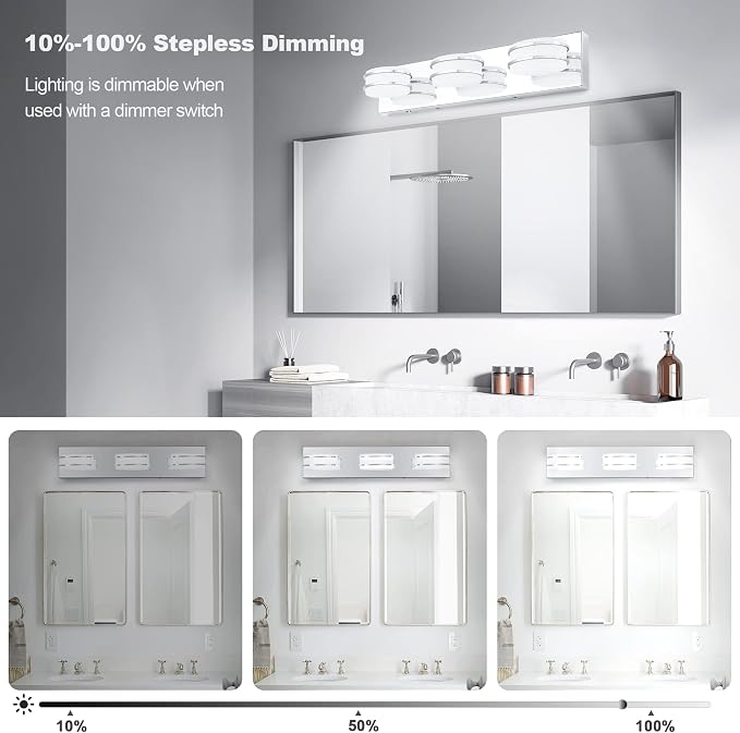 GOODATE 3 Color Temperature Dimmable Bathroom Light Fixtures Over Mirror, LED Chrome 3 Light Vanity Lighting Fixtures, Acrylic Stainless Steel Oval Shade Vanity Lights for Bathroom, ETL Certificated