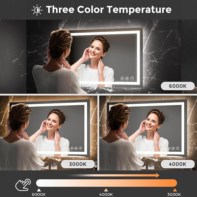 Koonmi 36x24 LED Bathroom Mirror with Light, Anti-Fog, 3 Colors | Backlit + Front Lit, Dimmable Brightness, Shatterproof HD Distortion-Free Tempered Glass, Hardware Included
