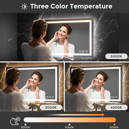 Koonmi 36x24 LED Bathroom Mirror with Light, Anti-Fog, 3 Colors | Backlit + Front Lit, Dimmable Brightness, Shatterproof HD Distortion-Free Tempered Glass, Hardware Included