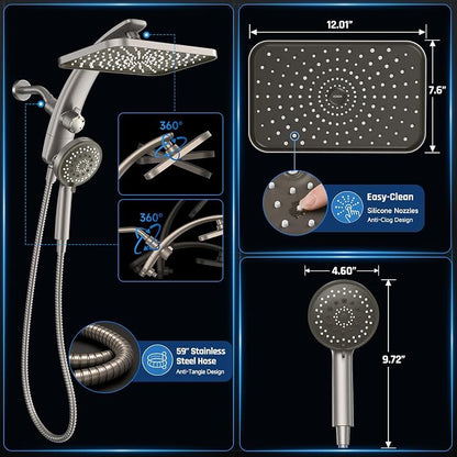 Veken 12" Rain Shower Head with Handheld,High Pressure Power Wash,Magnetic | Starlight,Dual Shower Heads Combo,8-Mode Hand Held Spray with Hose,Double Detachable Rainfall Showerhead,Bathroom Accessories