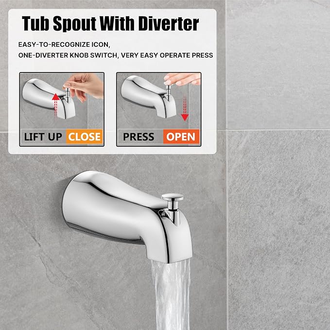 Heyalan 8-Inch Shower Faucet Set with Tub Spout and Valve, Polished Chrome | 8-inch square rainfall head, tub spout with diverter, male-thread rough-in valve, single-handle control and wall-mount design
