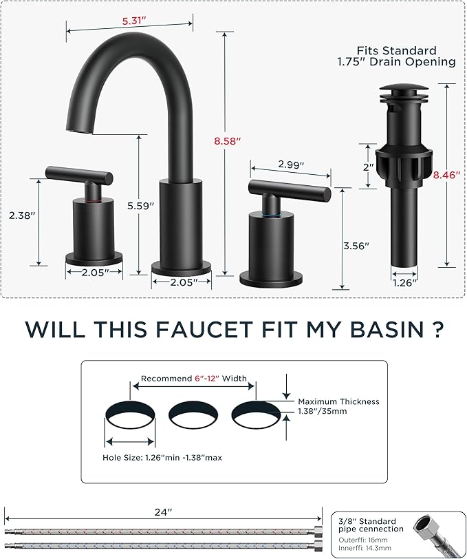 FORIOUS Black and Gold Bathroom Faucet 3 Hole with Pop Up Drain and 24 in Supply Line, 2 Handle Modern Bathroom Vanity Faucet Widespread 8 inch with 360 Degree Swivel Gooseneck, for 6" to 12" Basin