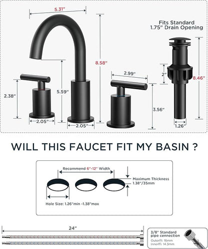 FORIOUS Black and Gold Bathroom Faucet 3 Hole with Pop Up Drain and 24 in Supply Line, 2 Handle Modern Bathroom Vanity Faucet Widespread 8 inch with 360 Degree Swivel Gooseneck, for 6" to 12" Basin
