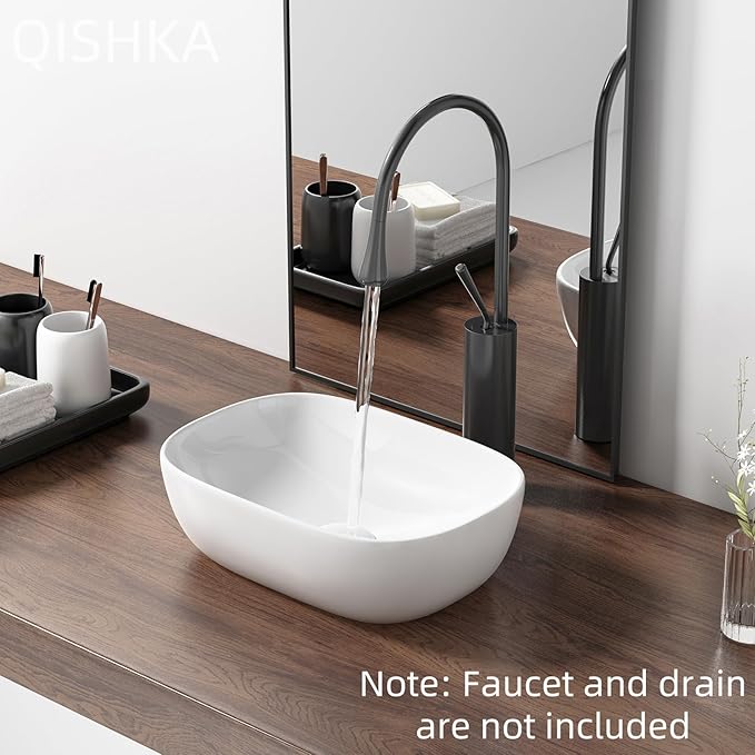 Small Vessel Sink Bowl Above Counter, QISHKA 14" x 10" Ceramic Oval Modern Bathroom Sink White Vanity Sink Lavatory Art Basin