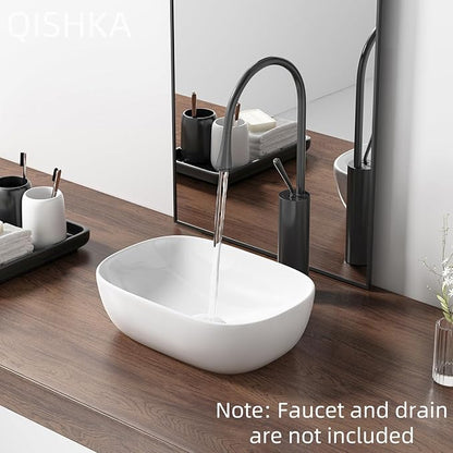 Small Vessel Sink Bowl Above Counter, QISHKA 14" x 10" Ceramic Oval Modern Bathroom Sink White Vanity Sink Lavatory Art Basin