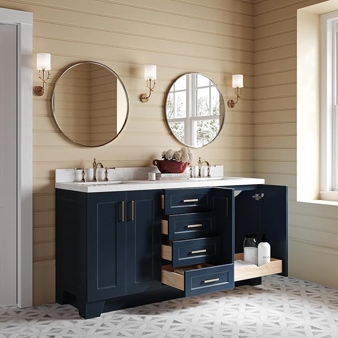 ARIEL Taylor 66-inch Bathroom Vanity with Sink,Solid Wood, 1.5-inch Carrara White Quartz Countertop, Double Rectangular Porcelain Sink, 4 Soft Closing Doors, 5 Dovetail Drawers, Midnight Blue