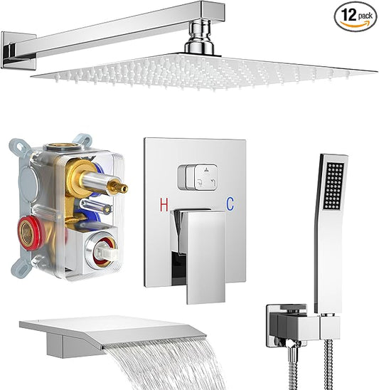 Shower System with Tub Spout, 12-Inch High-Pressure Rain Showerhead and Handheld Combo, Polished Chrome Shower Faucet Set with Rough-in Valve and Trim, Wall Mounted 3-Way Shower Set