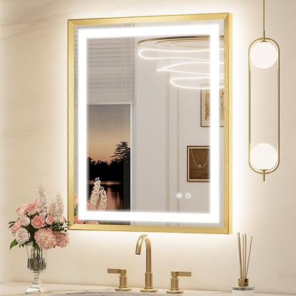 Keonjinn 24x30 Inch Gold LED Bathroom Mirror with Light, Frontlit & Backlit | Beveled Edge, Lighted Bathroom Mirror, HD Tempered Glass, 3 Color Temperatures, Anti-fog, Stepless Dimmable