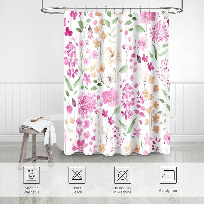 Pink Green Floral Shower Curtain, Cute Flower Fabric Shower Curtains for Bathroom, Watercolor Wildflower Butterfly Cloth Shower Curtain Set with Hooks, 72x72