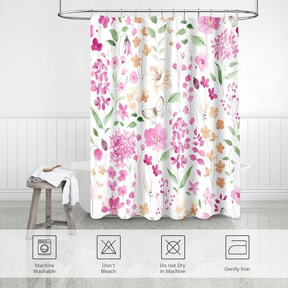 Pink Green Floral Shower Curtain, Cute Flower Fabric Shower Curtains for Bathroom, Watercolor Wildflower Butterfly Cloth Shower Curtain Set with Hooks, 72x72