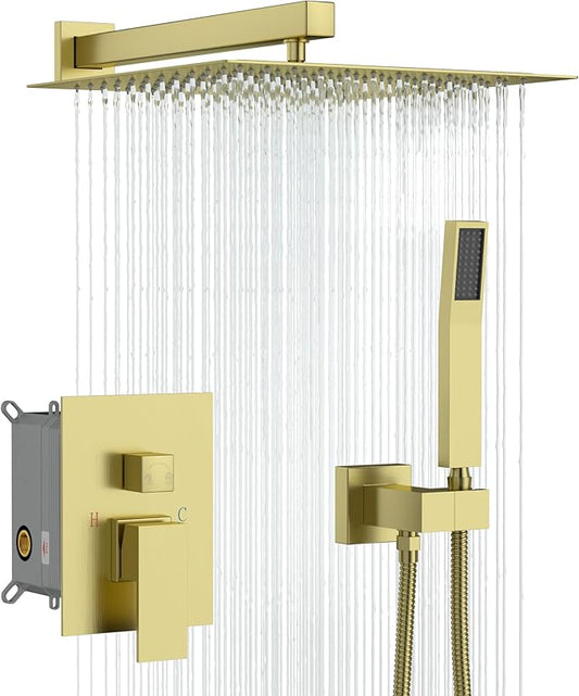 Lordear 12 Inch Rainfall Shower System Wall Mounted Shower Head Faucet Set Gold Brushed Stainless Steel Showerhead with Handheld Combo, Brass Valve Included