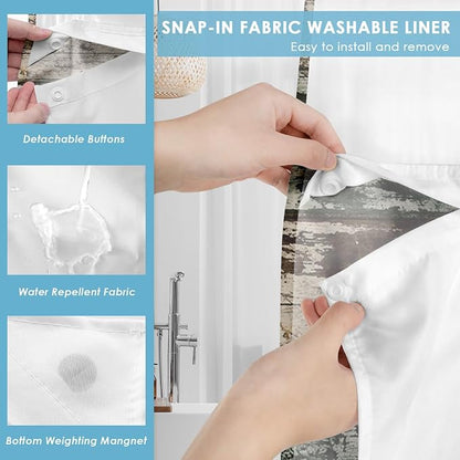 No Hook Shower Curtain with Snap in Liner 71x86 Inch Wood Flower | Vintage Daisy Boards Modern Double Layers Waterproof Fabric with See Through Top Window Open Grommet Bath Curtain